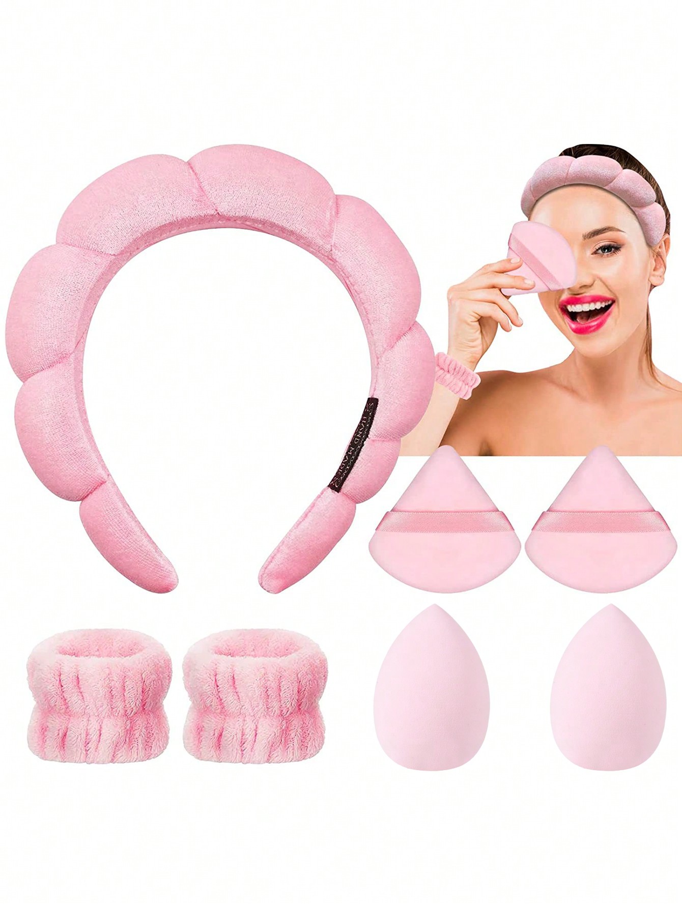 Skincare Pink - 7点ピンクスパスキンケアセット：ふわふわクラウドヘッドバンド、リストタオル、メイクアップスポンジ、三角パウダーパフ、洗顔用ヘアアクセサリー