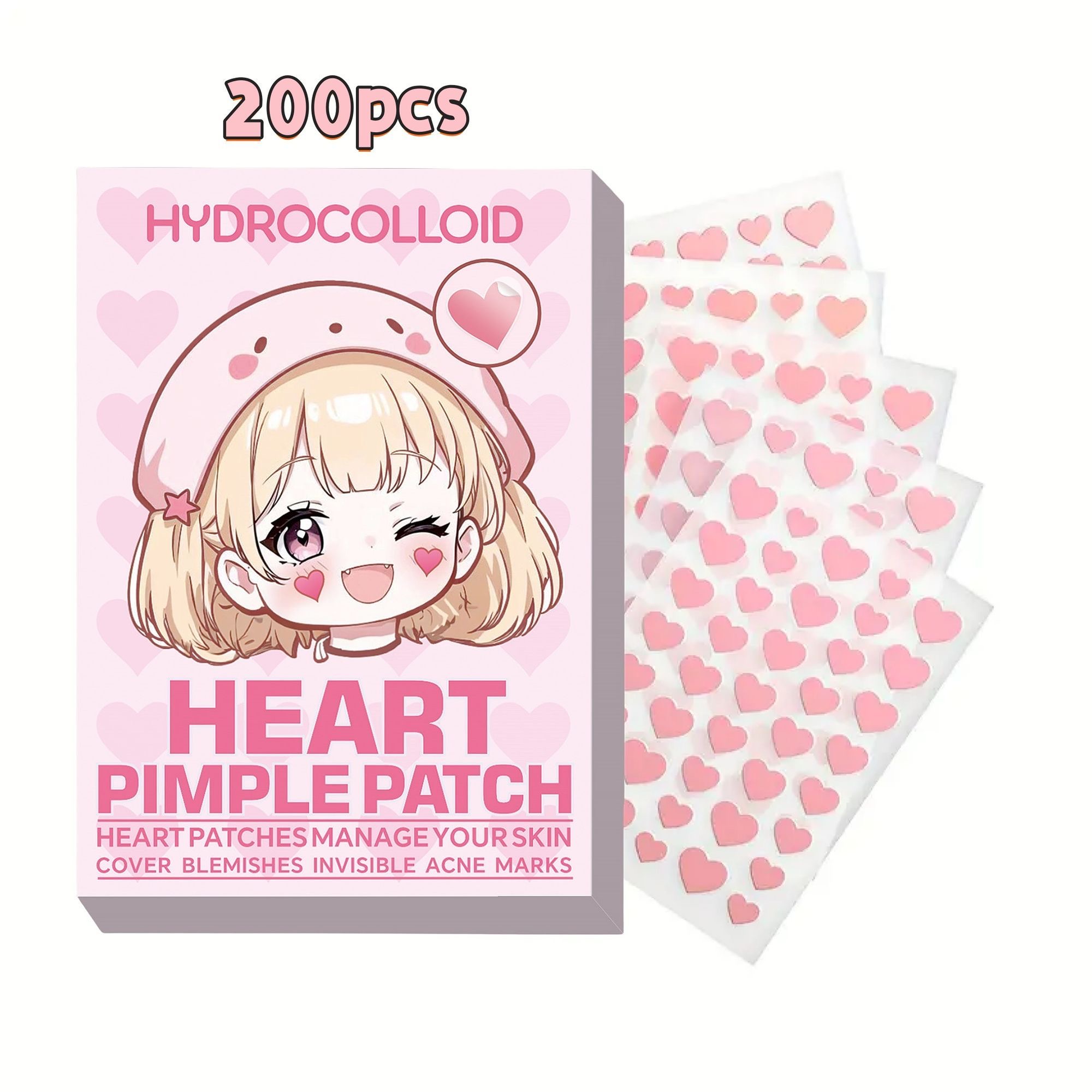 Skincare Pink - 200枚入り 可愛いピンクのハート型ニキビパッチ、ハイドロコロイド素材の目立たない傷隠しカバー、毎日のフェイシャルスキンケアに